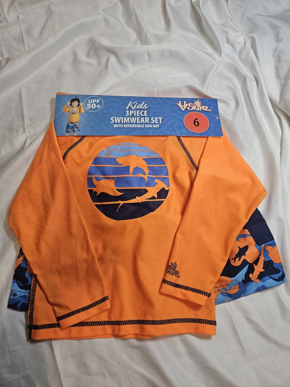 UV.Skinz Kids Orange & Navy 3-Piece Swim Set- Short, Shirt & Hat